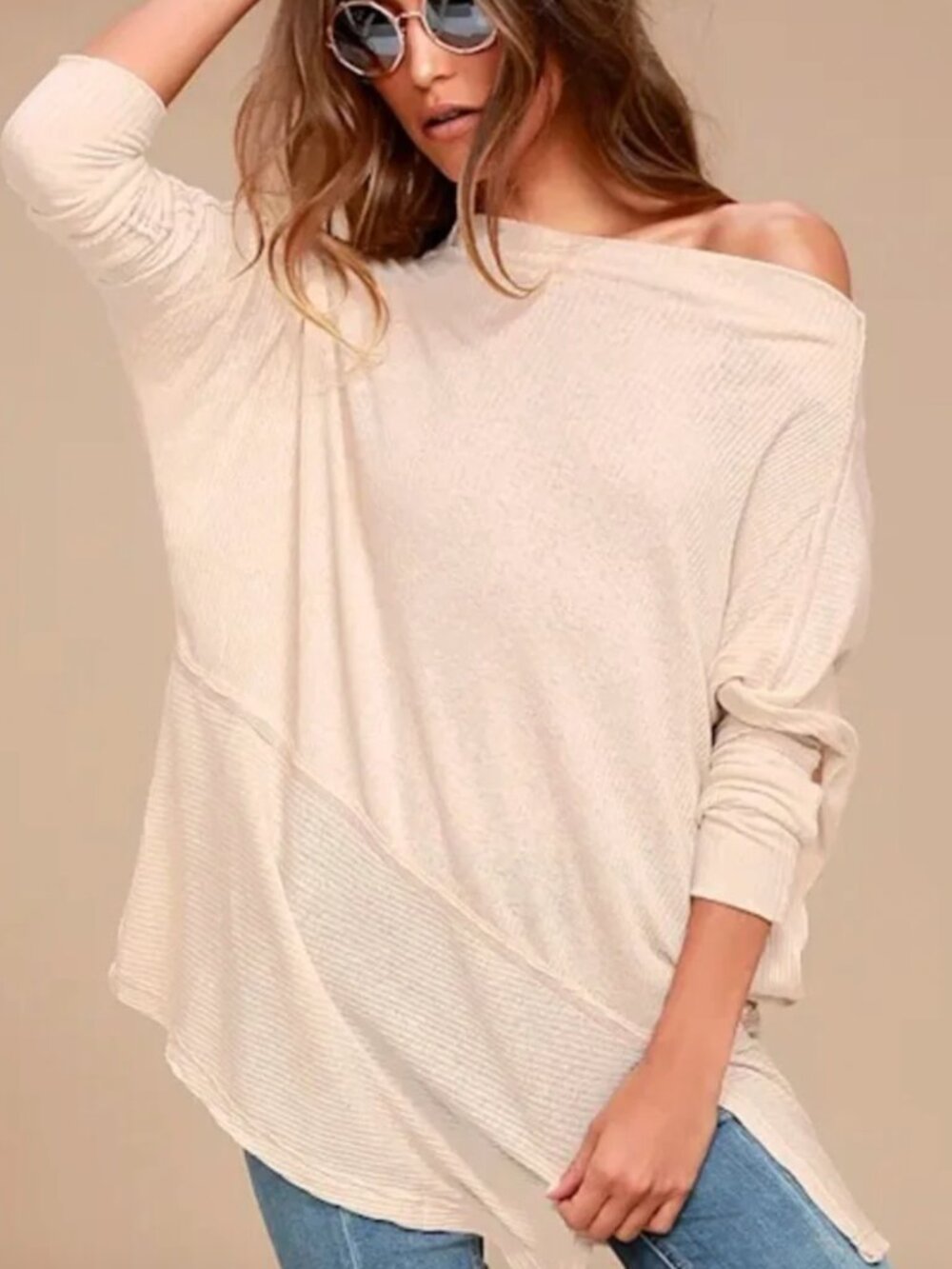 Free People We The Free Londontown Thermal S Beige Blush Waffle Knit